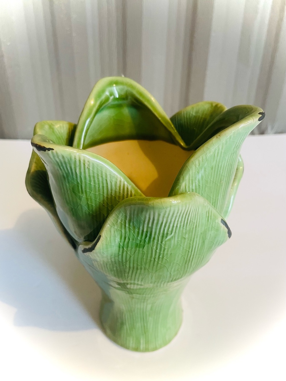 RARE Green Cabbage Leaf Asparagus Porcelain Flower Vase Majolica Style 7-1/2” - Picture 4 of 9